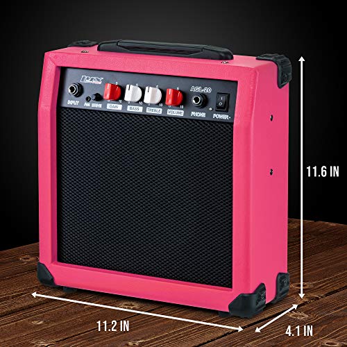 LyxPro Electric Guitar Amp 20 Watt Amplifier Built in Speaker Headphone Jack and Aux Input Includes Gain Bass Treble Volume and Grind - Pink - Image 4