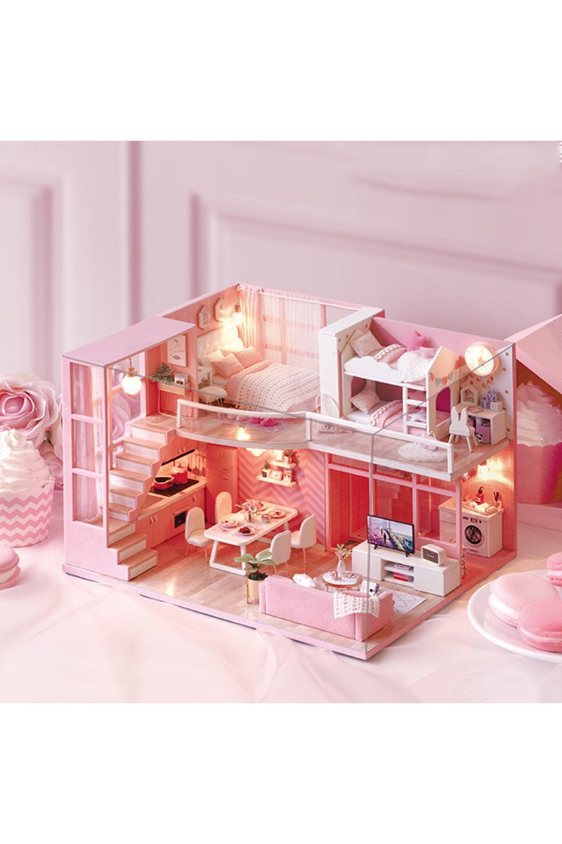 L-026-A بدون أغطية بيت دمى صغير، اصنعه بنفسك، شقة دوبلكس يدوية الصنع، بناء أحجية ثلاثية الأبعاد