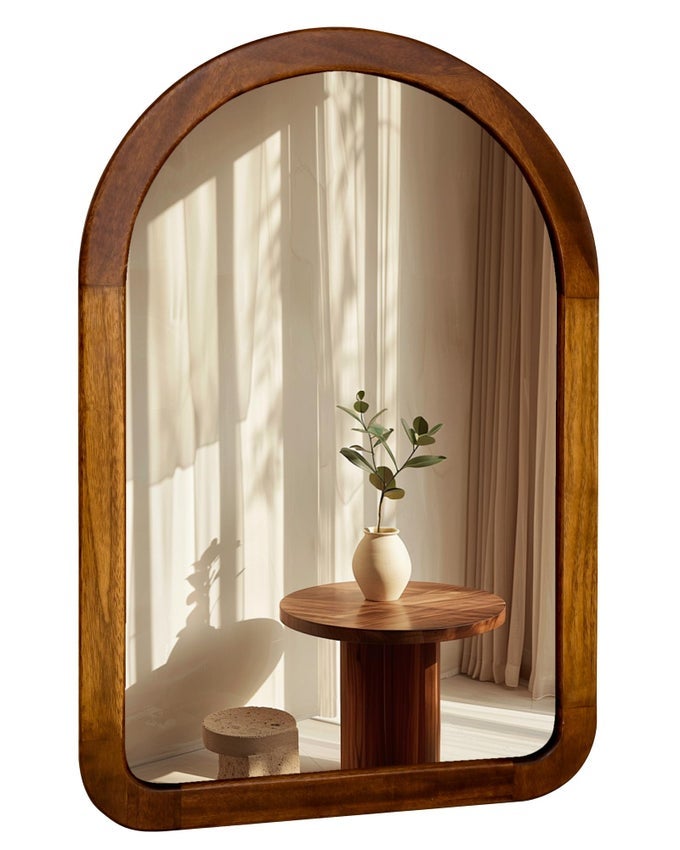 ARCHED MIRROR 24 X 36 INCHBROWN WOOD RUSTIC BATHROOM TEMPERED WALL MIRROR WITH WOOD FRAMEROUND CORNER ARCH FARMHOUSE WOODEN VANITY MIRROR FOR LIVING ROOMENTRYWAY OR BEDROOMWALNUT BROWN
