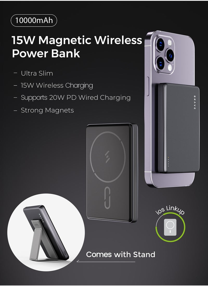 Brave - 10000mAh Magnetic Wireless Power Bank, Portable Wireless Charger with 20W Fast Charging Stand, USB-C, MagSafe Compatible for iPhone 16/16 Plus/16 Pro/16 Pro Max, iPhone 15/14/13, Samsung S25/S24/S23/S22 and More, Compact and Slim Design for Power on the Go - Image 1