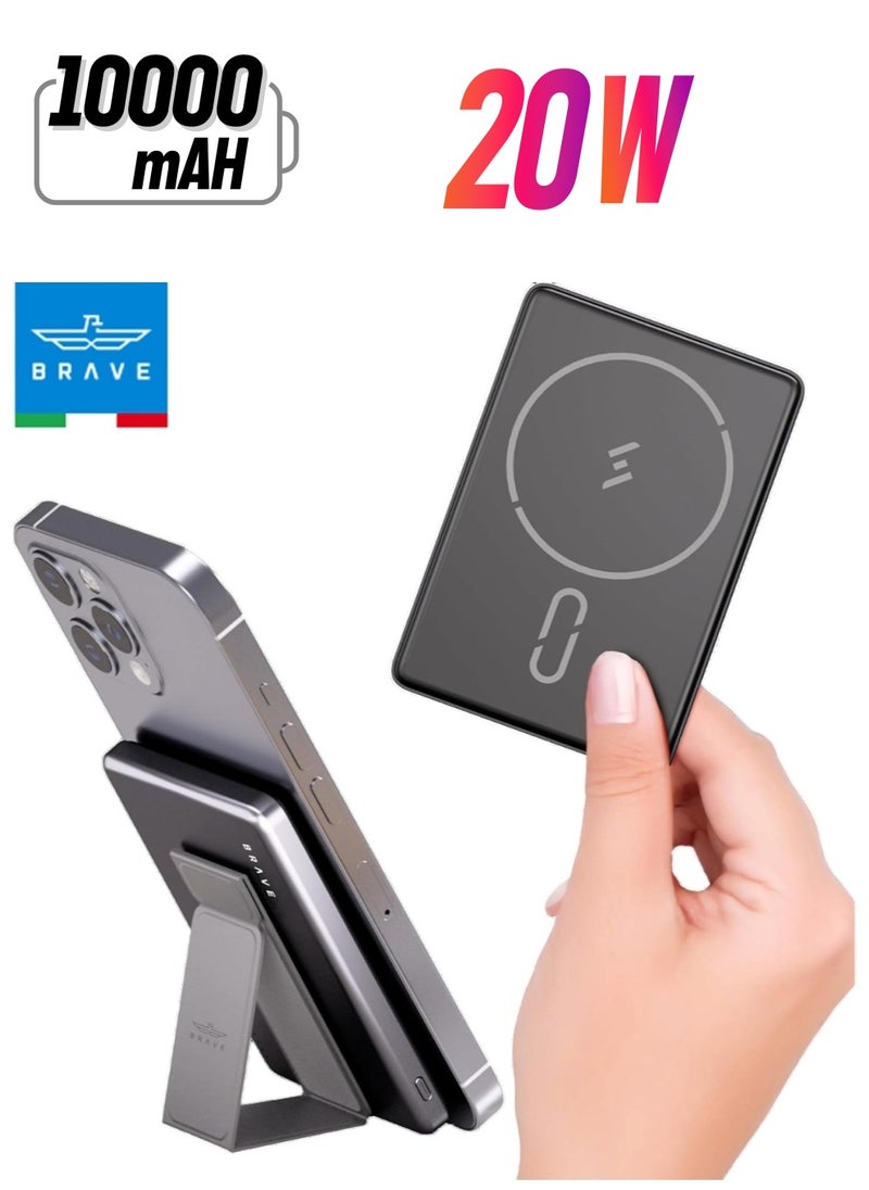 Brave - 10000mAh Magnetic Wireless Power Bank, Portable Wireless Charger with 20W Fast Charging Stand, USB-C, MagSafe Compatible for iPhone 16/16 Plus/16 Pro/16 Pro Max, iPhone 15/14/13, Samsung S25/S24/S23/S22 and More, Compact and Slim Design for Power on the Go - Image 1