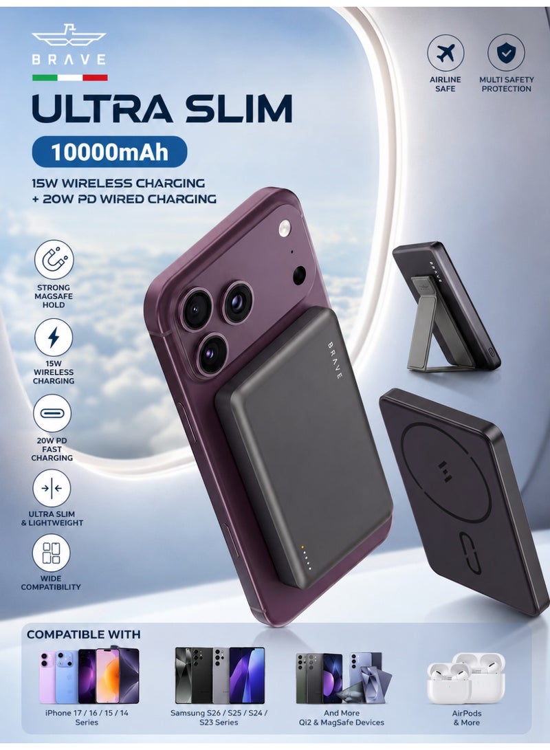 Brave 10000mAh Magnetic Wireless Power Bank | Fast Charging, Ultra-Slim MagSafe Powerbank, 20W PD & 15W Wireless Charging, Foldable Stand, Type-C & USB-C Input/Output | Portable Battery Pack & Phone Charger, 10,000mAh Capacity | Compatible with iPhone 17 Pro Max, 17 Pro, 17, 16, 15, 14, 13 | Samsung Galaxy S26, S25, S24, S23, S22 Ultra | Xiaomi, Huawei, Tablets & AirPods | Black - Image 1