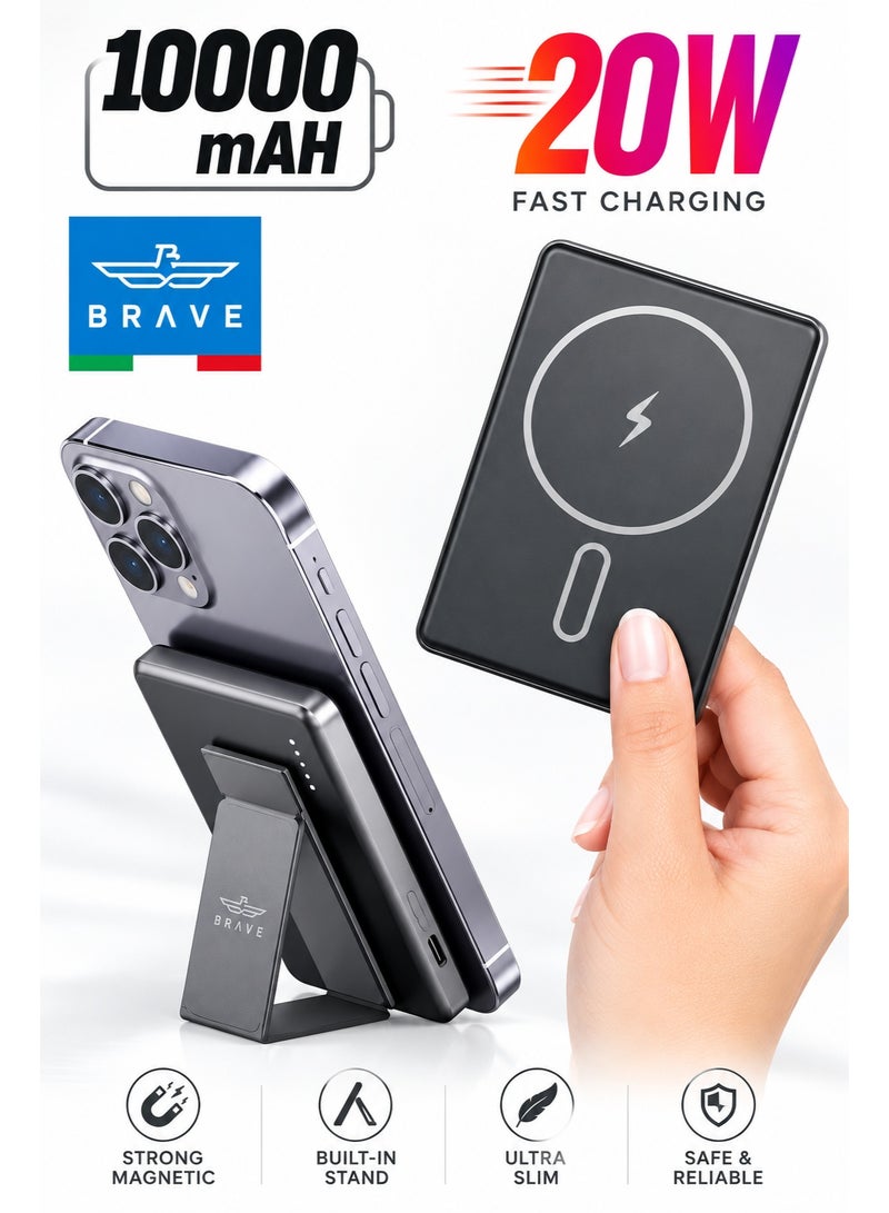 Brave 10000mAh Magnetic Wireless Power Bank | Fast Charging, Ultra-Slim MagSafe Powerbank, 20W PD & 15W Wireless Charging, Foldable Stand, Type-C & USB-C Input/Output | Portable Battery Pack & Phone Charger, 10,000mAh Capacity | Compatible with iPhone 17 Pro Max, 17 Pro, 17, 16, 15, 14, 13 | Samsung Galaxy S26, S25, S24, S23, S22 Ultra | Xiaomi, Huawei, Tablets & AirPods | Black - Image 1
