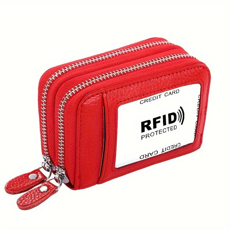 RFID Blocking Genuine Leather Credit Card Wallet, Double Zipper Card Holder with Small Pocket - Image 1