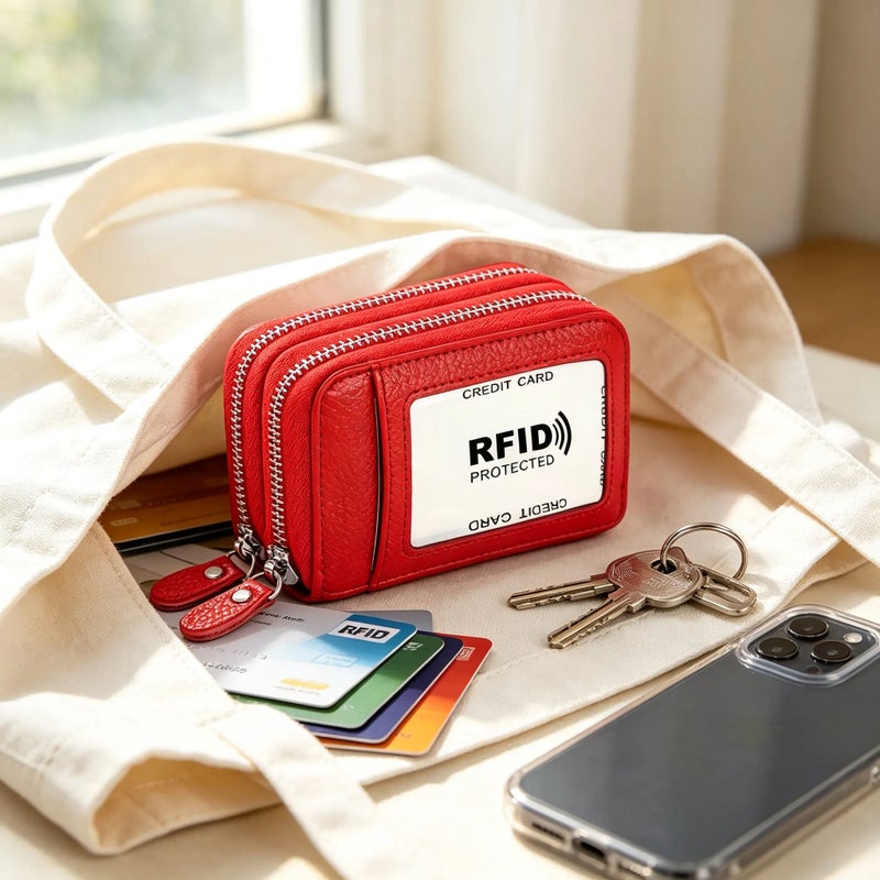 RFID Blocking Genuine Leather Credit Card Wallet, Double Zipper Card Holder with Small Pocket - Image 5