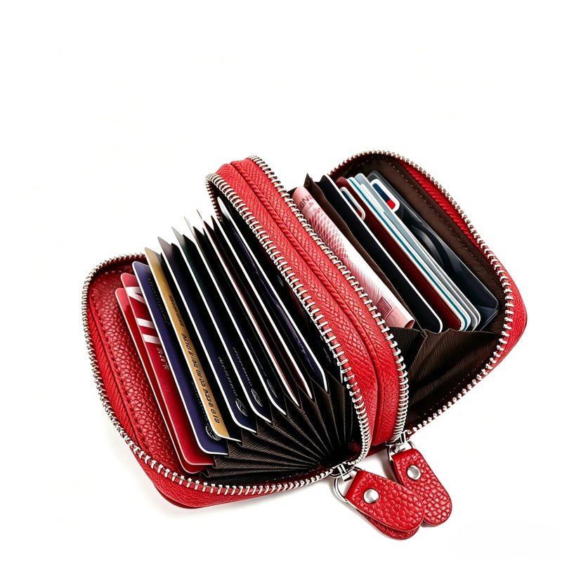 RFID Blocking Genuine Leather Credit Card Wallet, Double Zipper Card Holder with Small Pocket - Image 3