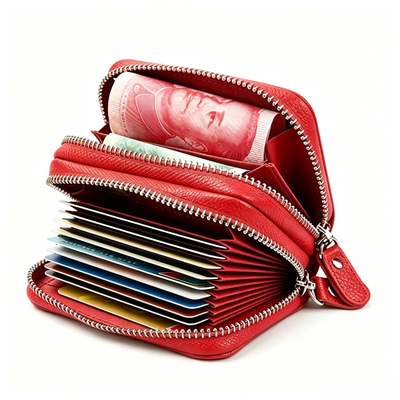 RFID Blocking Genuine Leather Credit Card Wallet, Double Zipper Card Holder with Small Pocket - Image 2