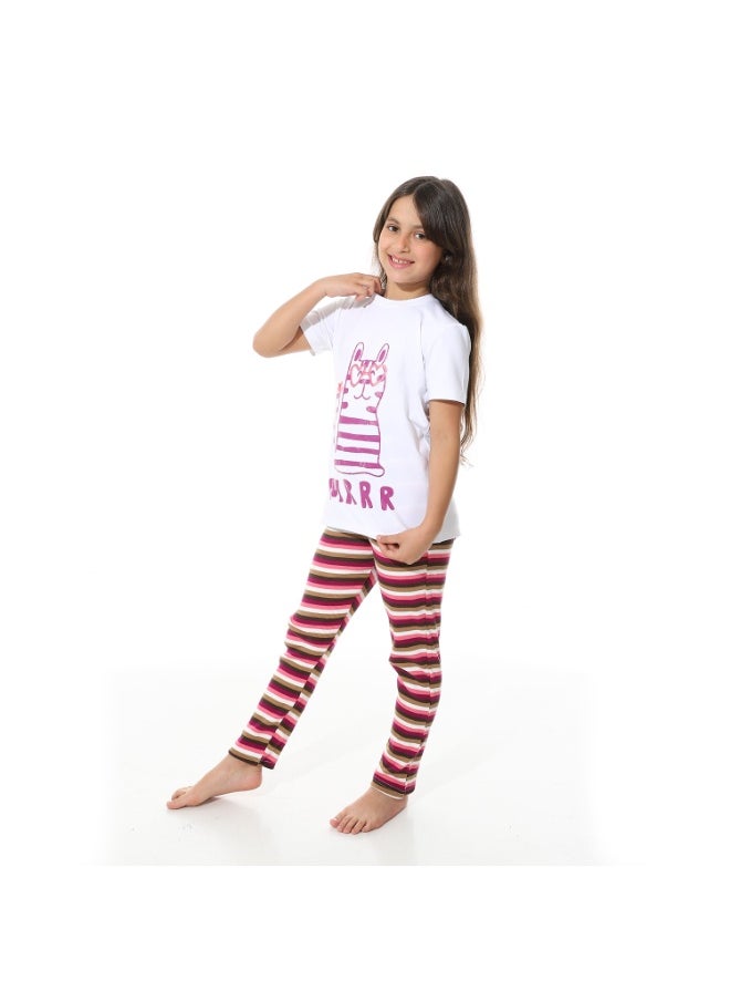Caesar Girls' Derby Cotton Pajamas with Striped Design and Chest Print  - Image 5
