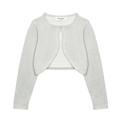 BOLEROSE Girls Long Sleeve Sparkle Cardigan Childrens Kids Bolero Shrug (Silver, 5-6 YRS) - Image 1