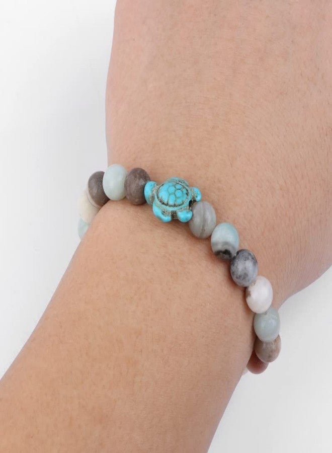 Pingyongchang 4pcs Sea Turtle Beads Bracelets Set,Elastic Natural Stone Stretch Lava Bracelet Anklet for Women Men,Supports the Sea Turtle Conservancy,Friendship Couple Turquoise Bracelets - Image 2