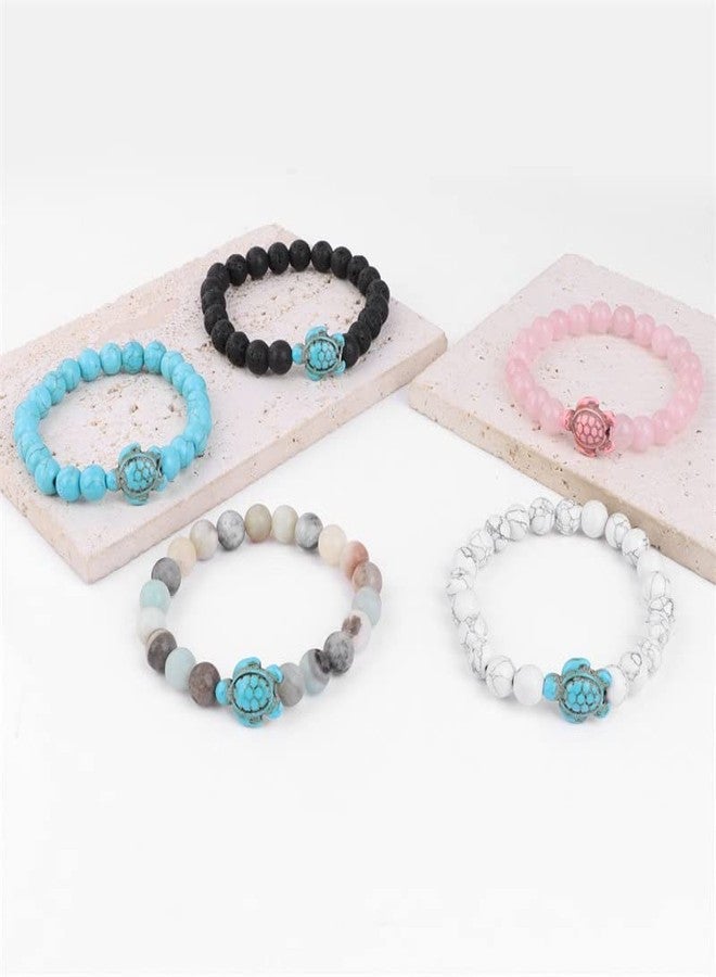 Pingyongchang 4pcs Sea Turtle Beads Bracelets Set,Elastic Natural Stone Stretch Lava Bracelet Anklet for Women Men,Supports the Sea Turtle Conservancy,Friendship Couple Turquoise Bracelets - Image 5