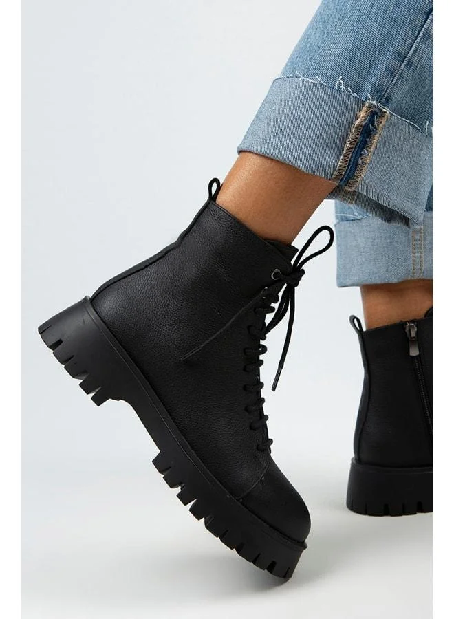 Aster Women's Genuine Leather Laced Zipper Black Boot.