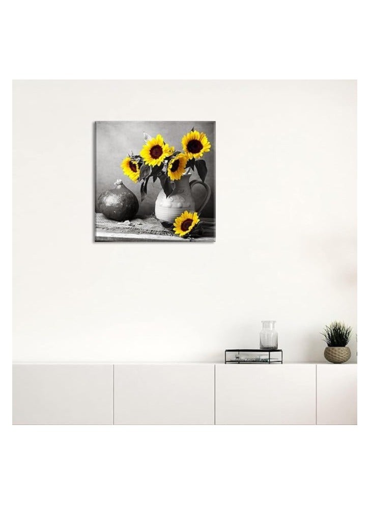 مؤسسة فكرة اليوم فكرة اليوم طباعة فنية لزهرة عباد الشمس على قماش، جدار زهري لغرفة النوم، غرفة المعيشة، غرفة الملابس وديكور المكتب مع إطار خشبي مدمج 16 × 16 بوصة - Image 3