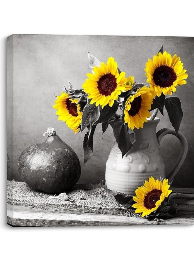 مؤسسة فكرة اليوم فكرة اليوم طباعة فنية لزهرة عباد الشمس على قماش، جدار زهري لغرفة النوم، غرفة المعيشة، غرفة الملابس وديكور المكتب مع إطار خشبي مدمج 16 × 16 بوصة - Image 2