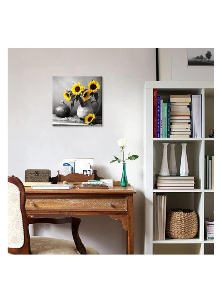 مؤسسة فكرة اليوم فكرة اليوم طباعة فنية لزهرة عباد الشمس على قماش، جدار زهري لغرفة النوم، غرفة المعيشة، غرفة الملابس وديكور المكتب مع إطار خشبي مدمج 16 × 16 بوصة - Image 4