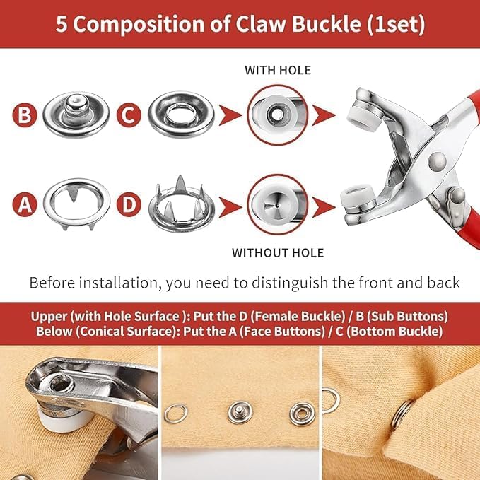 DAPEMPORIUM DAPEMPORIUM Premium Metal Snap Grommet Tools SetHand Pressure Fastener Pliers Fabric Snaps Grommet Stainless Steel Buttons Setting Tools for Clothes Jackets Jeans Bags Leather Belt Shoes  - Image 4