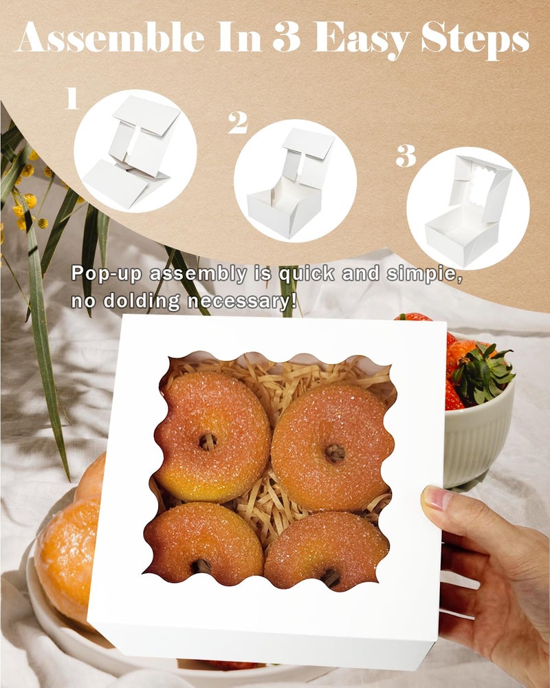 qiqee Auto-pop up 6x6x3 Inch White Cookie Box with Window 30Pcs Pastry Macaron Bakery Box For Packaging - Image 5