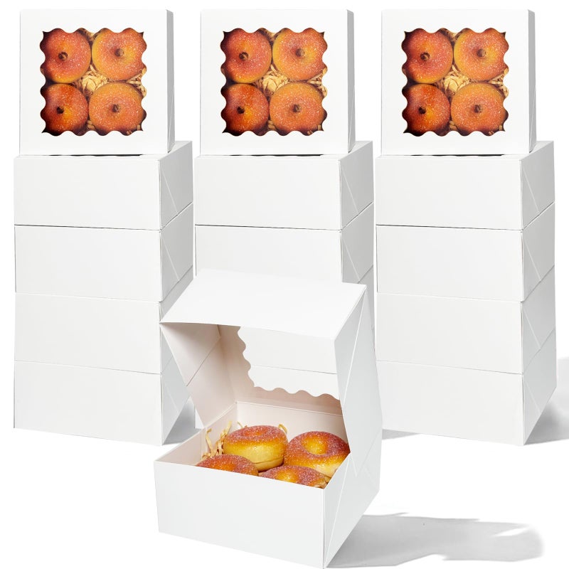 qiqee Auto-pop up 6x6x3 Inch White Cookie Box with Window 30Pcs Pastry Macaron Bakery Box For Packaging - Image 1