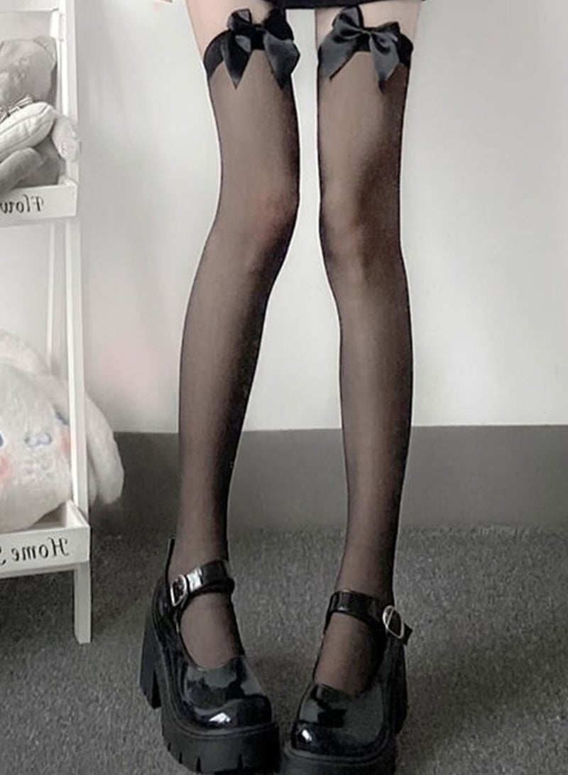 Ultra-Thin Stockings Over Knee Stockings Women Thigh High Socks with Satin Bow (Black) 
