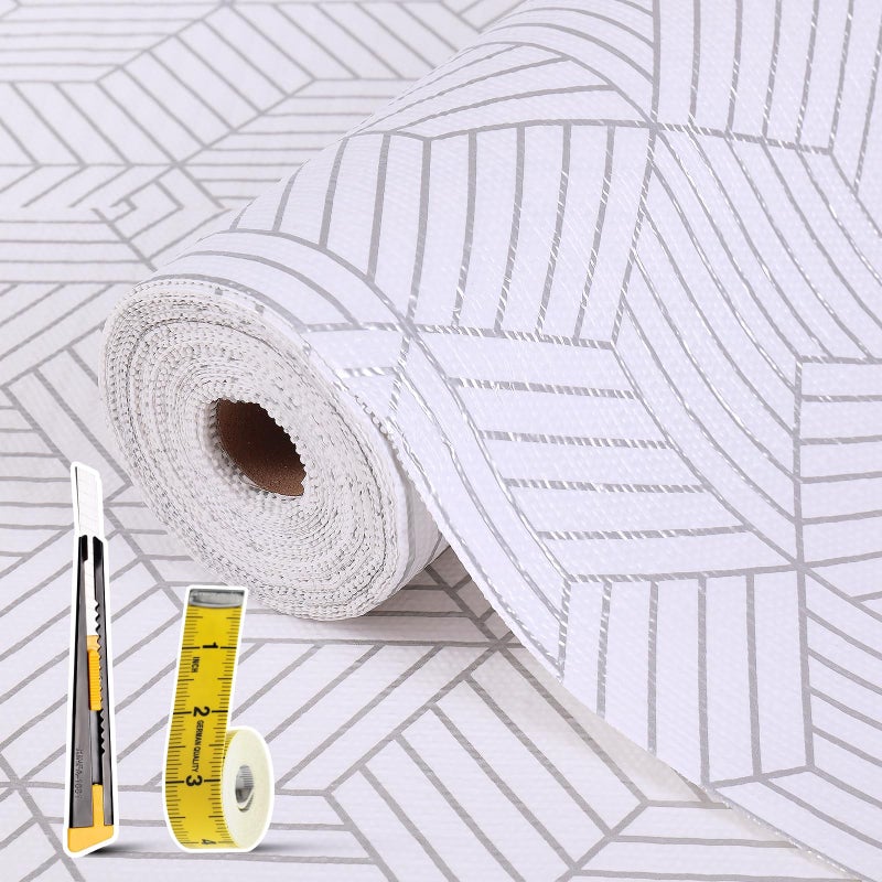 Kimhan Shelf Liners for Kitchen Cabinets 12in x 20FT, Non Adhesive Cabinet Liner Strong Non-Slip Thickened Silver Geometric Easy to Clean for Shelf, Cabinet, Refrigerator with Knife and Tape Measure - Image 1
