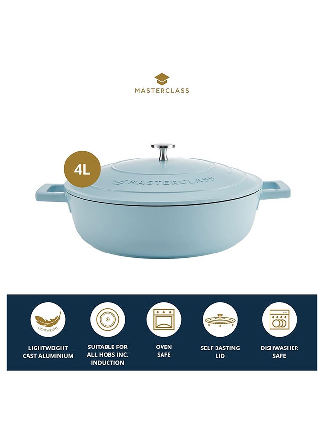 MasterClass Shallow Casserole Dish with Lid 4L/28 cm, Lightweight Cast Aluminium, Induction Hob and Oven Safe, Sky Blue
