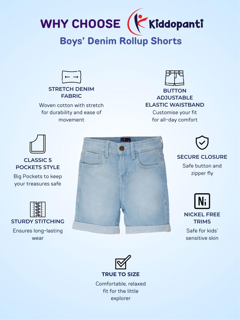 KiddoPanti Boys Fashion Denim Roll-Up Shorts | Stretchable Cotton Denim | Knee-Length, Button Elasticated Waistband & Zip Fly, Md Wash - 8-10Y - Image 2