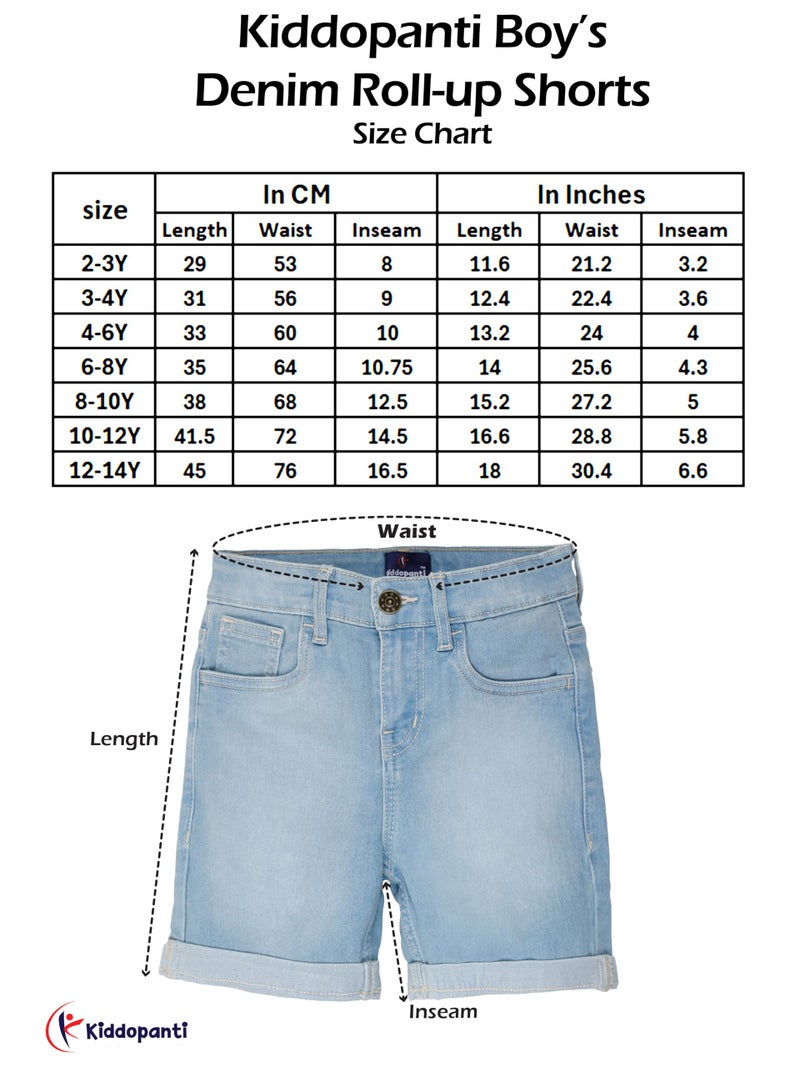 KiddoPanti Boys Fashion Denim Roll-Up Shorts | Stretchable Cotton Denim | Knee-Length, Button Elasticated Waistband & Zip Fly, Md Wash - 8-10Y - Image 5