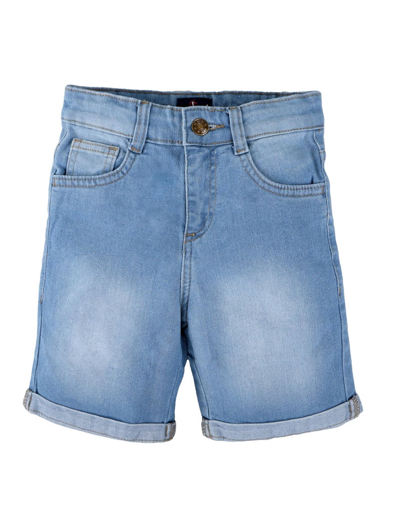 KiddoPanti Boys Fashion Denim Roll-Up Shorts | Stretchable Cotton Denim | Knee-Length, Button Elasticated Waistband & Zip Fly, Md Wash - 8-10Y - Image 1