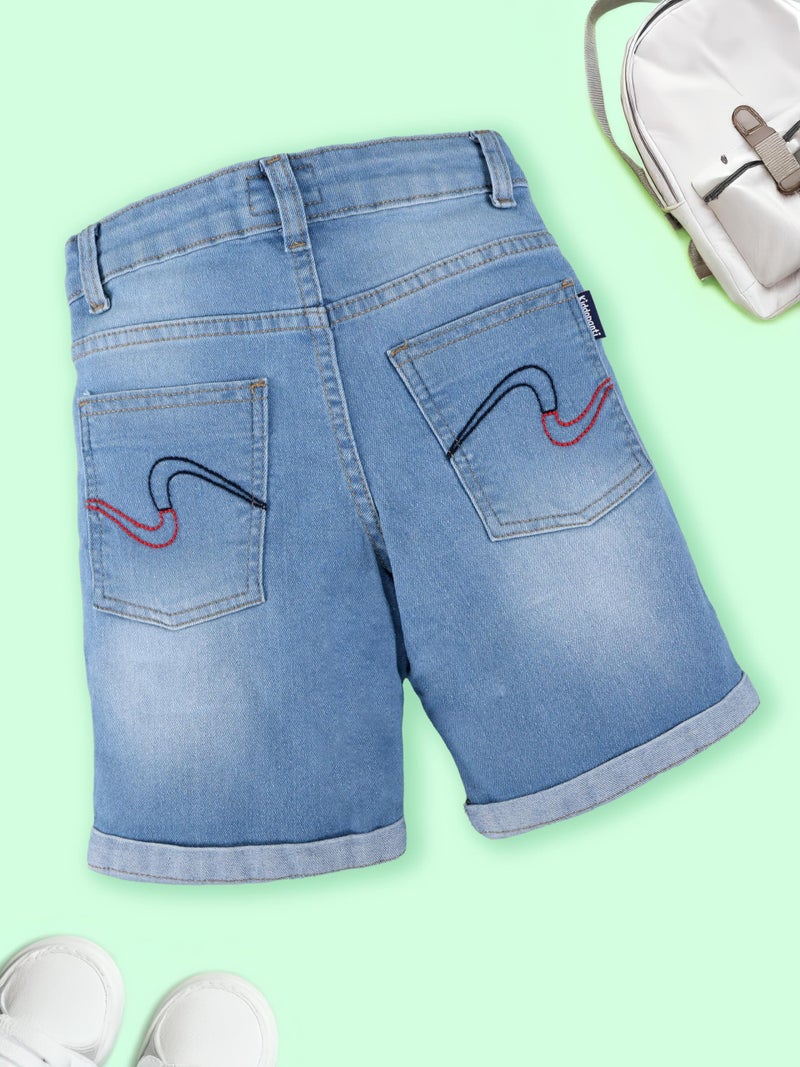 KiddoPanti Boys Fashion Denim Roll-Up Shorts | Stretchable Cotton Denim | Knee-Length, Button Elasticated Waistband & Zip Fly, Md Wash - 8-10Y - Image 3
