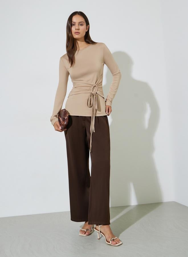 Styli Khaki Solid Gathered Waist Long Sleeves Knit Top - Image 2