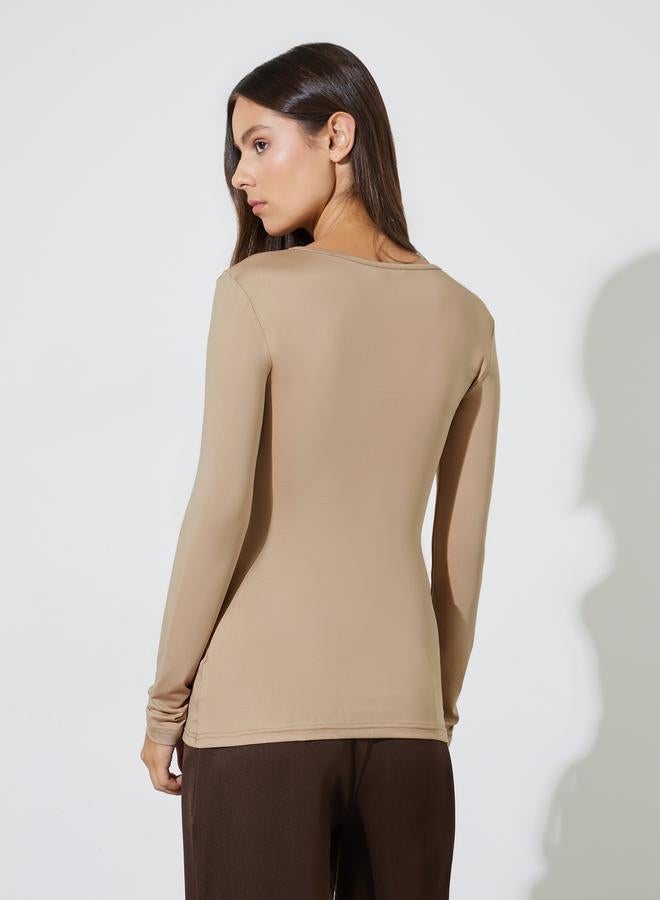 Styli Khaki Solid Gathered Waist Long Sleeves Knit Top - Image 4