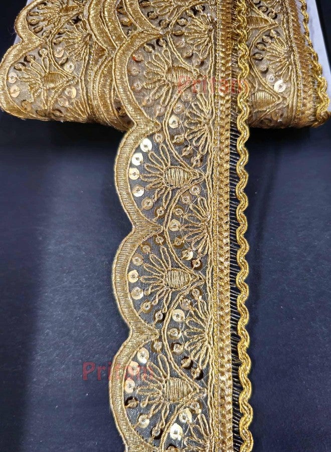 Pritam Embroidery Codding Siquance Jari Lace Border Saree Bridal Dupatta Lehenga, Anarkali, DIY, Bag And Craftwork (EMB-04), Gold - Image 1