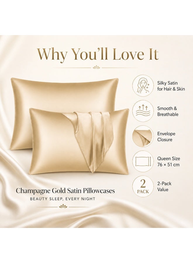 Ucanbe Silky Satin Pillowcases for Hair and Skin – Champagne Gold, Queen Size 76×51 cm (20×29 Inches), Envelope Closure, 2-Pack - Image 4