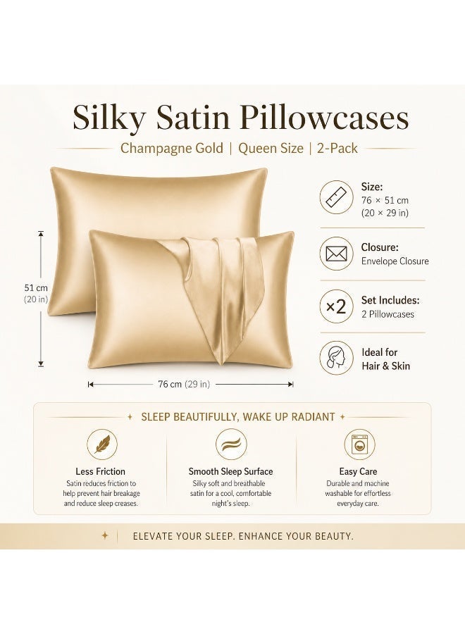 Ucanbe Silky Satin Pillowcases for Hair and Skin – Champagne Gold, Queen Size 76×51 cm (20×29 Inches), Envelope Closure, 2-Pack - Image 3