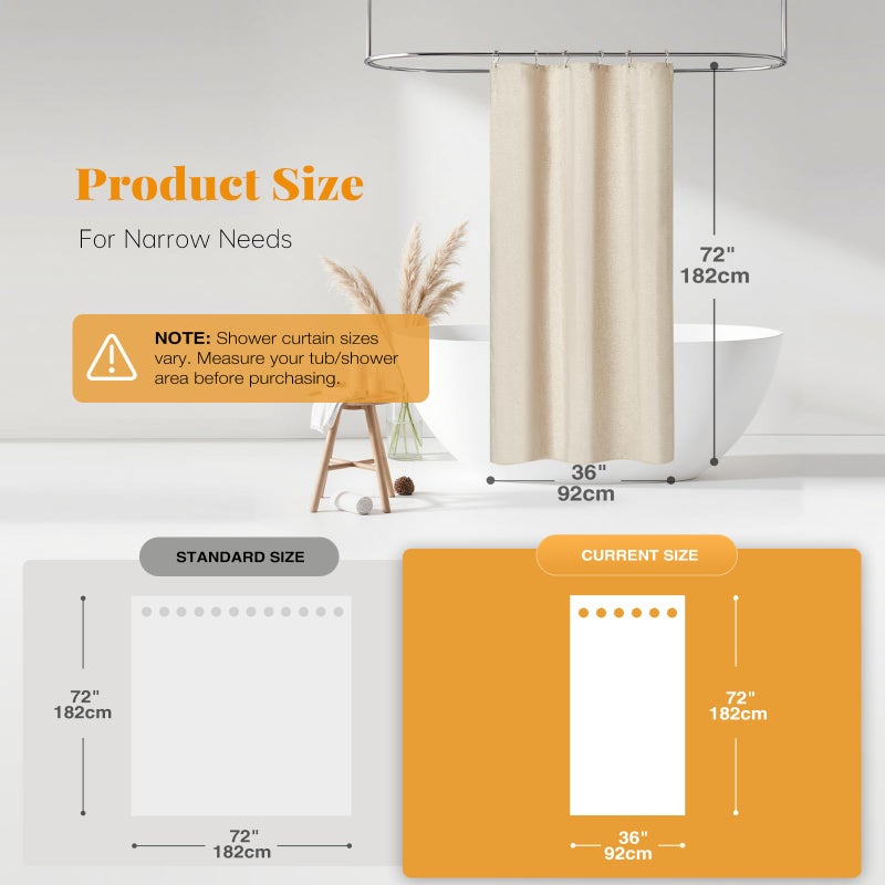 BTTN Stall Fabric Shower Curtain, 36 Inch Linen Textured Heavy Duty Small Cloth Shower Curtain Set with 6 Plastic Hooks, Narrow Hotel Luxury Weighted Shower Curtains for Bathroom(36"x72", Beige/Cream) - Image 2
