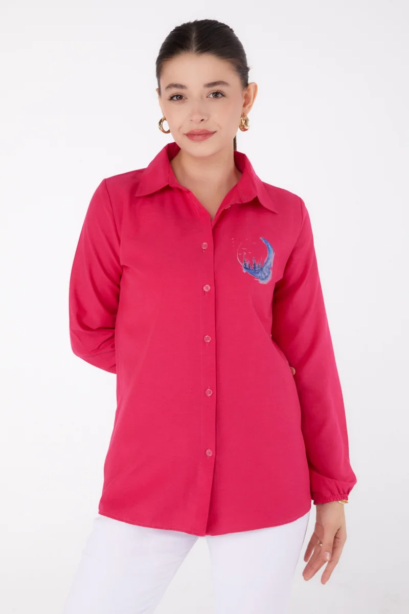 Tofisa Plain Shirt Collar Women's Fuchsia Printed Shirt - 13339