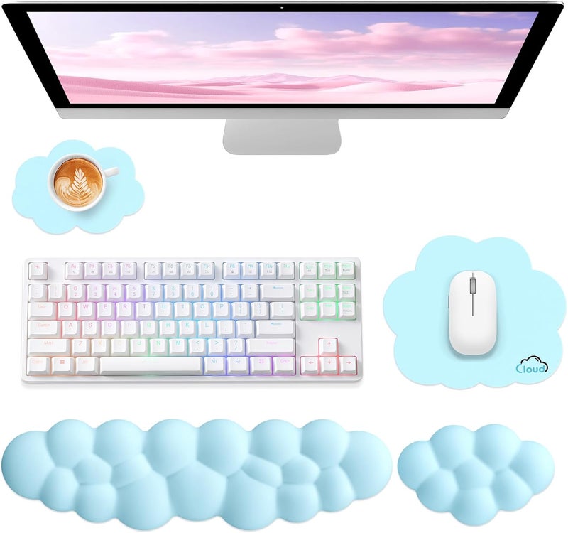 Sushret Cloud Wrist Rest for Computer Keyboard, 4-in-1 Memory Foam Leather Cloud Keyboard Wrist Rest and Mouse Pad Set with Ergonomic Support for Arm and Palm Cushion, Gaming/Work Setup, Blue - Image 1