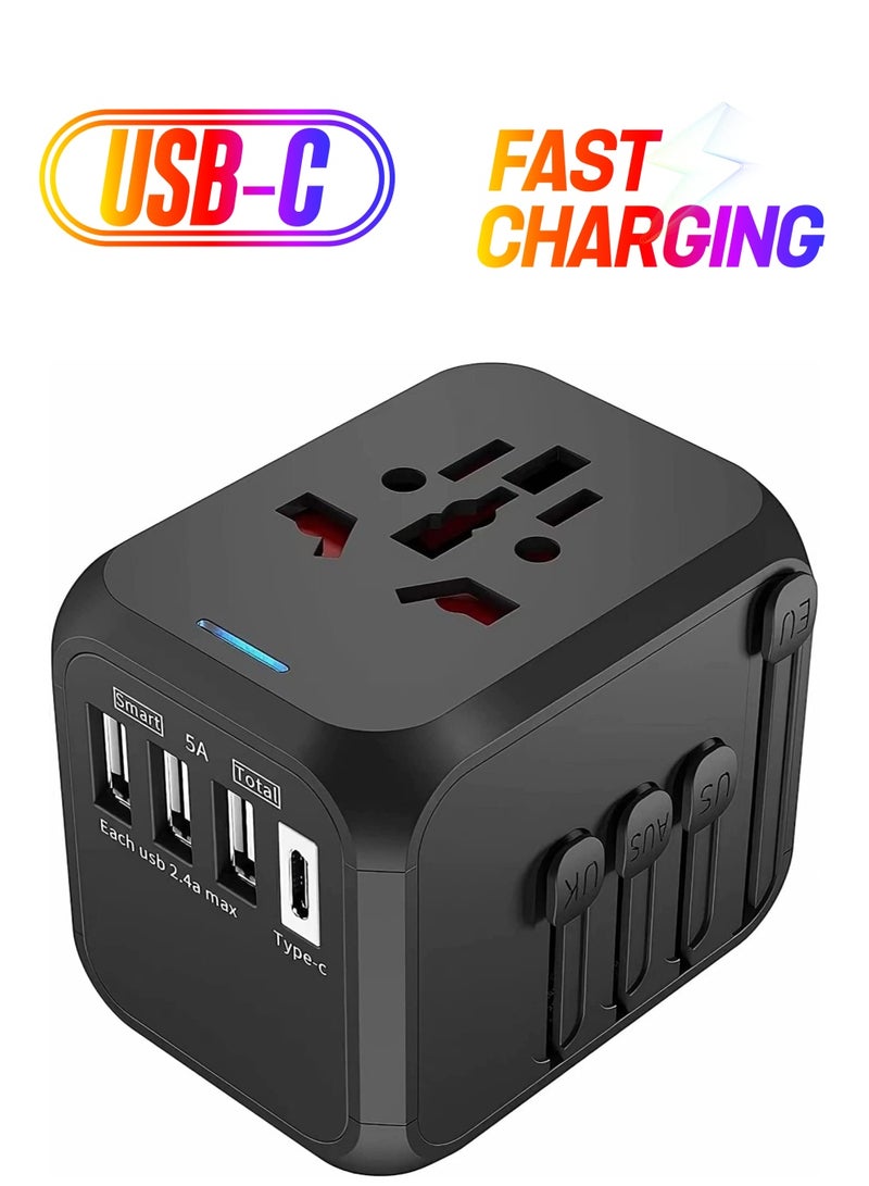 Universal Travel Adapter Plug with 3 USB & 1 Type-C Port,Fast Wall Plug Adapter Socket with UK/EU/AU/US Plugs,Multiport Charger Plug Converter - Image 1