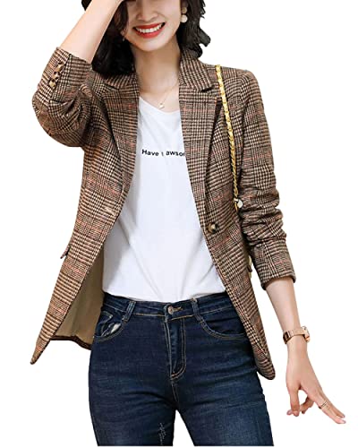 ebossy Women's Notch Lapel 2 Button Boyfriend Blazer Suit Houndstooth Plaid Jacket Coat (2X-Large, X-Brown) - Image 2