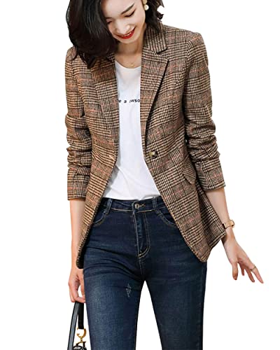 ebossy Women's Notch Lapel 2 Button Boyfriend Blazer Suit Houndstooth Plaid Jacket Coat (2X-Large, X-Brown) - Image 3