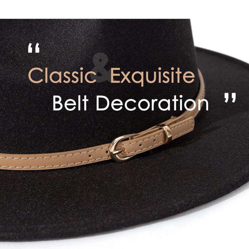 Lisianthus Women Classic Felt Fedora Wide Brim Hat with Belt Buckle A-Black - Image 3