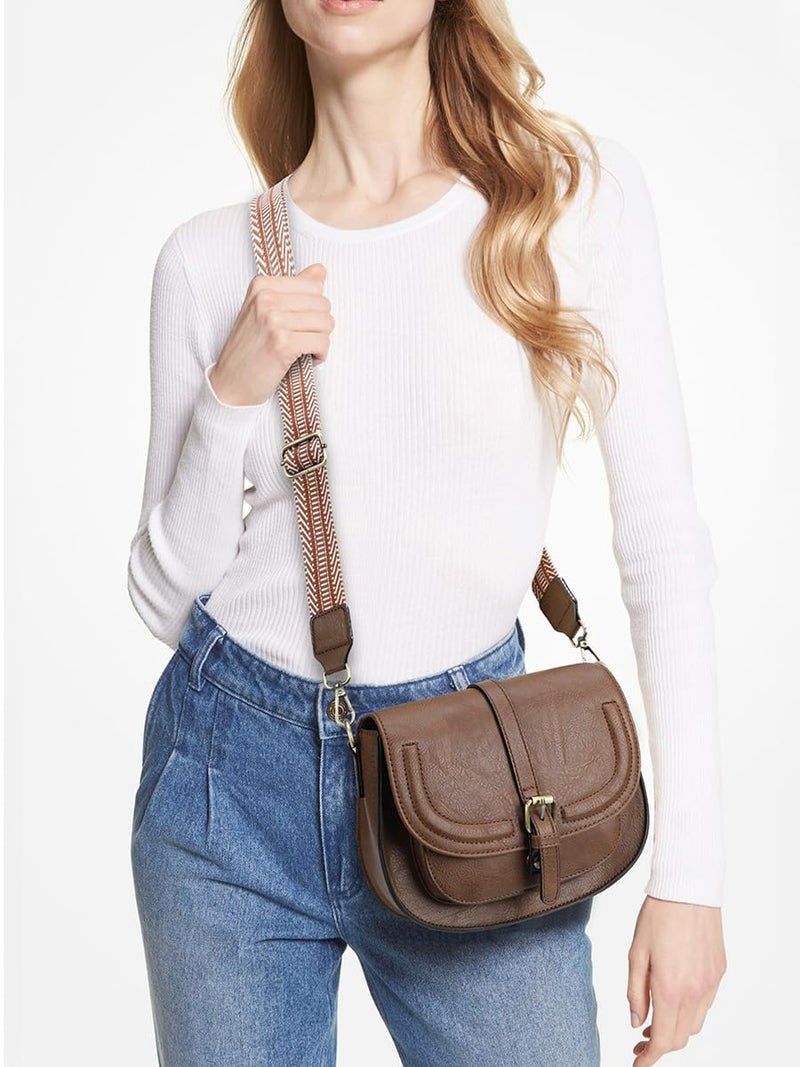 AFKOMST Crossbody Bags for Women,Small Saddle Purse and Boho Cross Body Handbags,Vegan Leather, Dark Brown Guitar Strap - Image 2