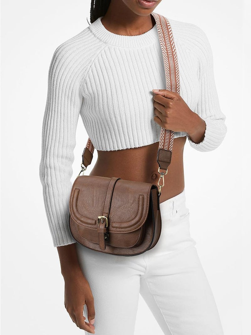 AFKOMST Crossbody Bags for Women,Small Saddle Purse and Boho Cross Body Handbags,Vegan Leather, Dark Brown Guitar Strap - Image 3