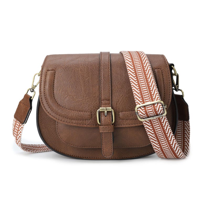 AFKOMST Crossbody Bags for Women,Small Saddle Purse and Boho Cross Body Handbags,Vegan Leather, Dark Brown Guitar Strap - Image 1
