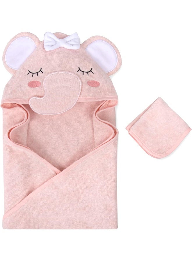 Baby Essentials Animal Hooded Towel and Washcloth Set for Newborns and Infants, Boys and Girls 0 -9 Months (Delicate Pink Elephant) - Image 1