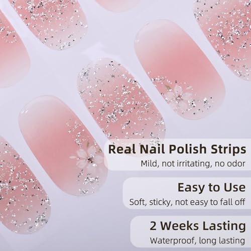DUKASOU Gel Nail Strips No UV Light Needed, 22Pcs Pink Sakura Gel Nail Stickers for Women, Long Lasting Nails Polish Strip - Image 3