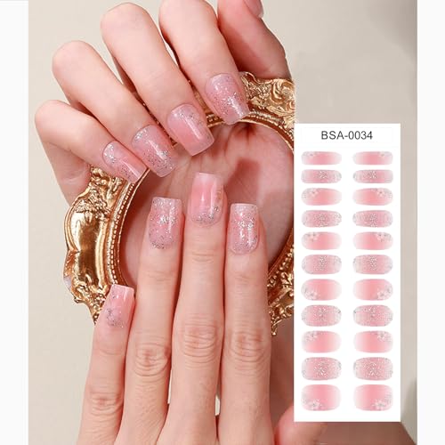DUKASOU Gel Nail Strips No UV Light Needed, 22Pcs Pink Sakura Gel Nail Stickers for Women, Long Lasting Nails Polish Strip - Image 5