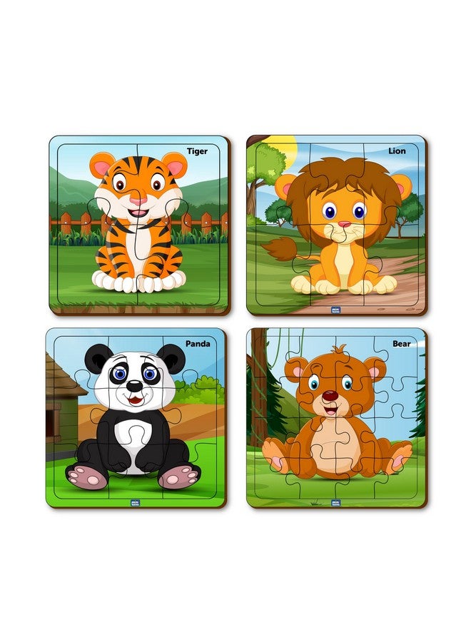Mini Leaves Mini Leaves Wild Animal 4-in-a-Box Wooden Puzzles with 4, 6, 9, and 12 Pieces - Difficulty Level Grows with Kids Ages 2-5  - Image 1