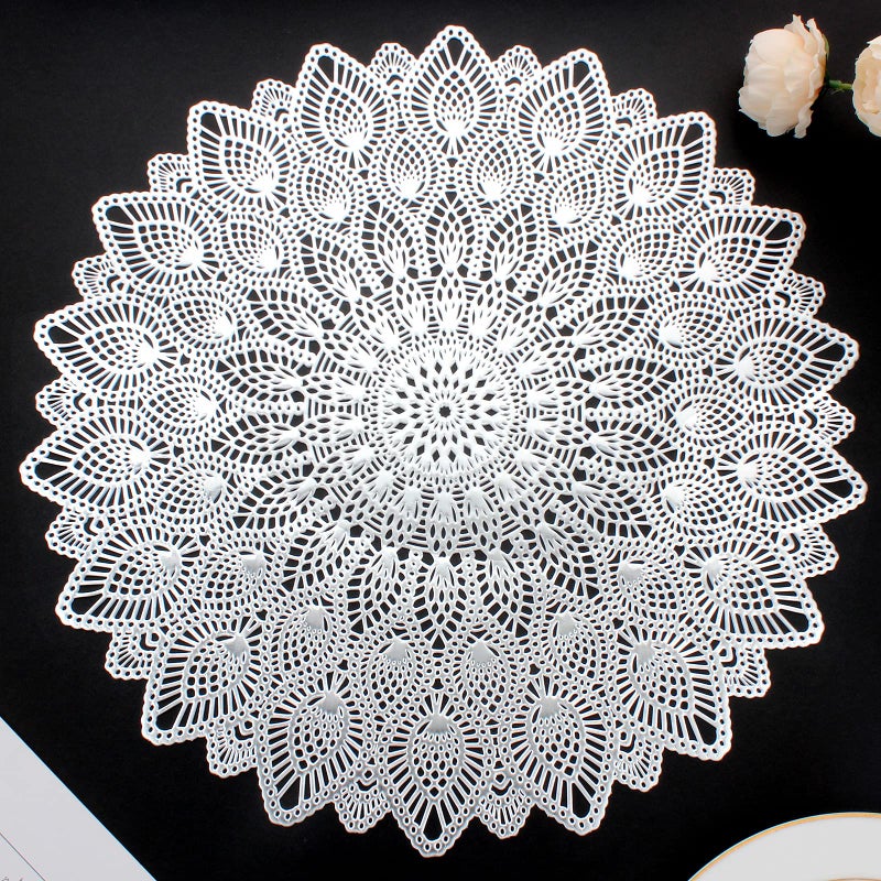Mabbcoo Silver Round Placemats Hollow Out Washable and Wipeable Place Mats Pressed Vinyl Table Mats Set of 6 for Anniversary Dinner Kitchen Decorations