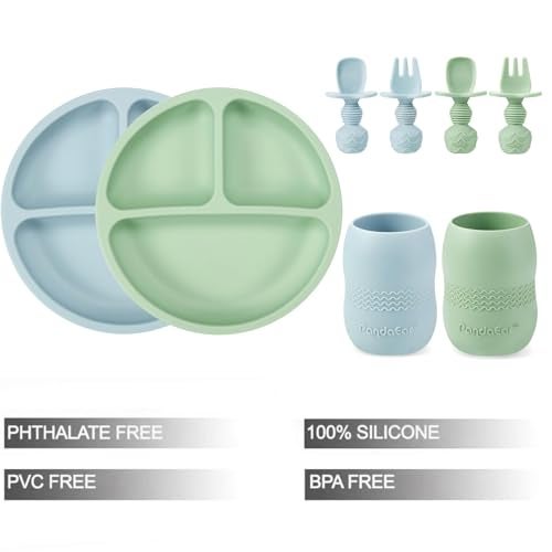 PandaEar Silicone Baby Feeding Set 2 Pack Silicone Divided Suction Plate and 2 Pack Tiny Cup with 2 Spoons 2 Forks Baby Led Weaning Supplies Self Feeding Eating Utensils BlueGreen - Image 3